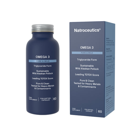 Omega 3 supplement bottle and packaging with Natroceuticals branding on a white background