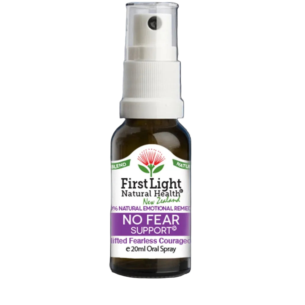Bottle of First Light Natural Health No Fear Support spray on a black background
