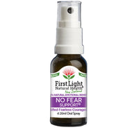 Bottle of First Light Natural Health No Fear Support spray on a black background