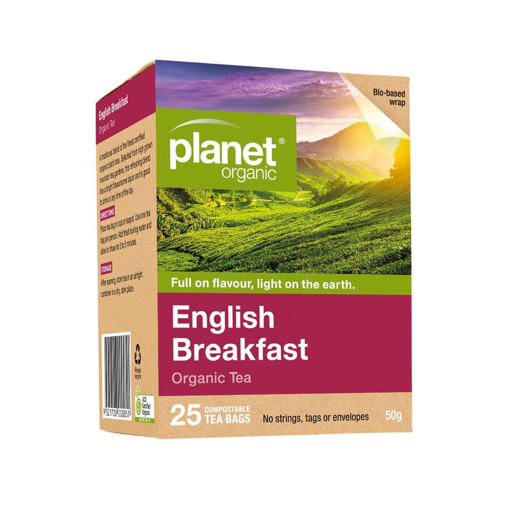 Planet Organic English Breakfast tea box with a scenic tea field on the packaging.