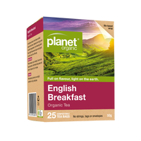 Planet Organic English Breakfast tea box with a scenic tea field on the packaging.