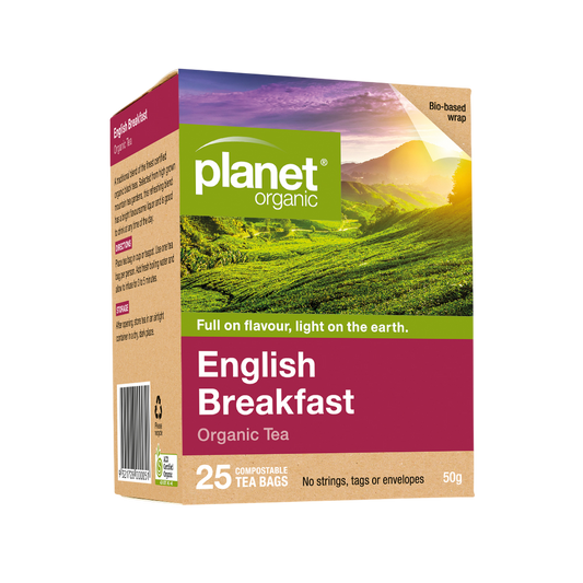 Planet Organic English Breakfast tea box with a scenic tea field on the packaging.