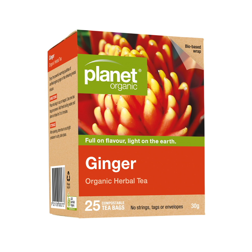 Planet Organic Ginger Herbal Tea packaging on a white background