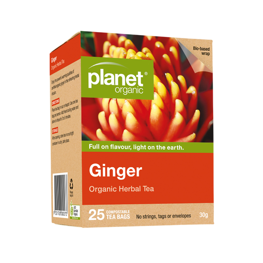 Planet Organic Ginger Herbal Tea packaging on a white background