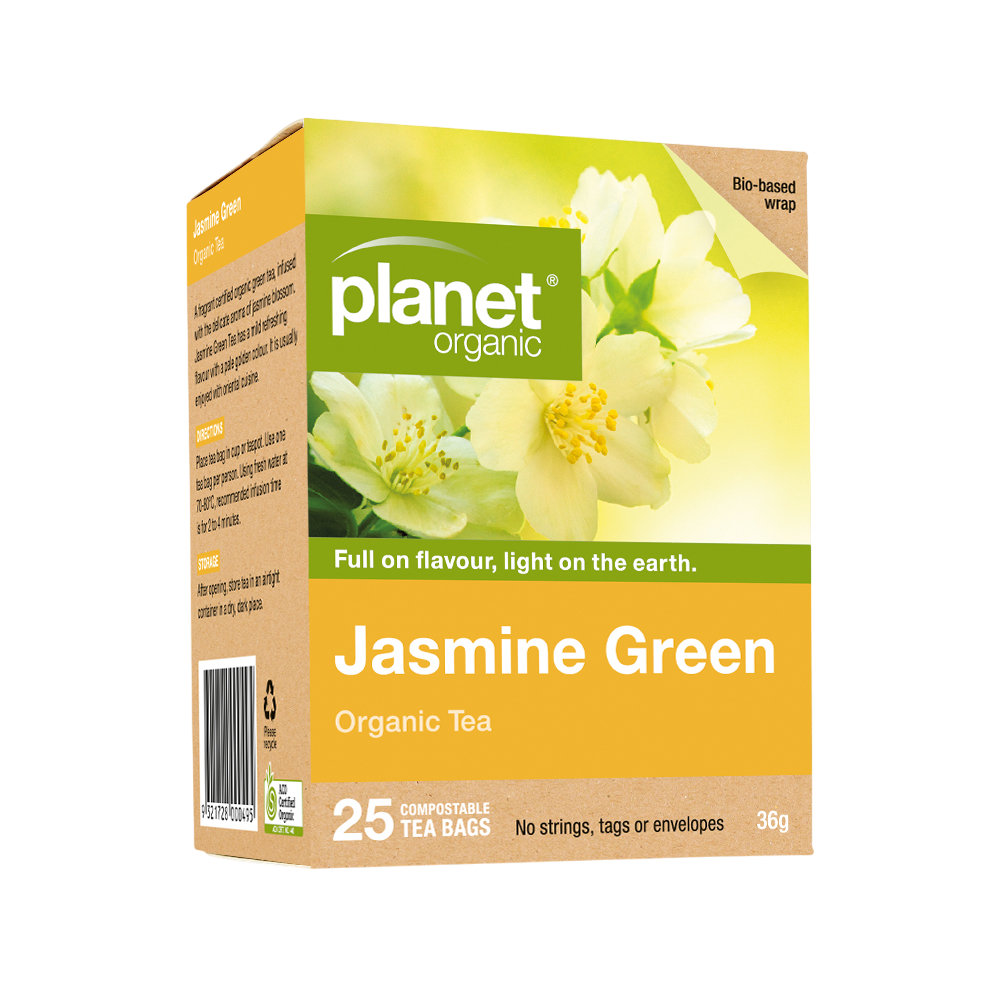 Planet Organic Jasmine Green tea box with floral design on a white background