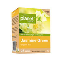Planet Organic Jasmine Green tea box with floral design on a white background