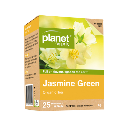 Planet Organic Jasmine Green tea box with floral design on a white background