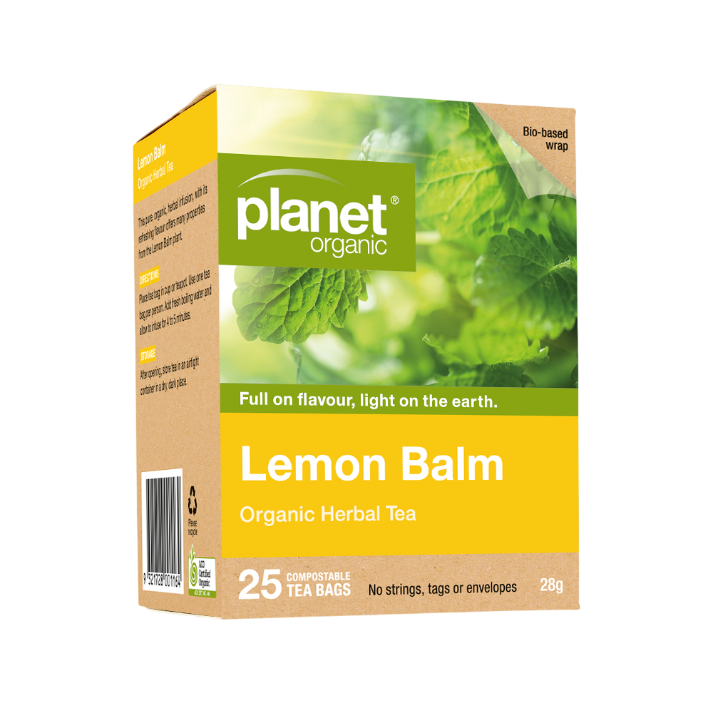 Box of planet organic Lemon Balm Organic Herbal Tea on a white background
