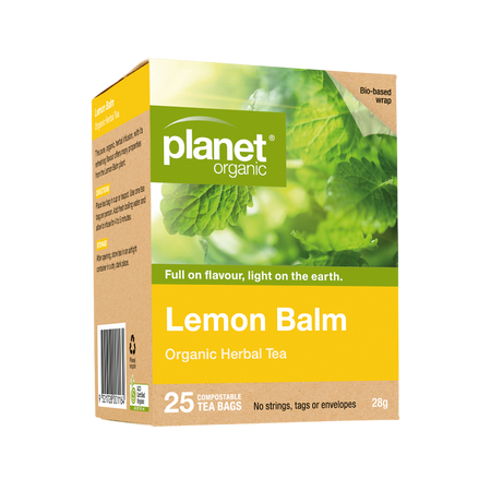 Box of planet organic Lemon Balm Organic Herbal Tea on a white background