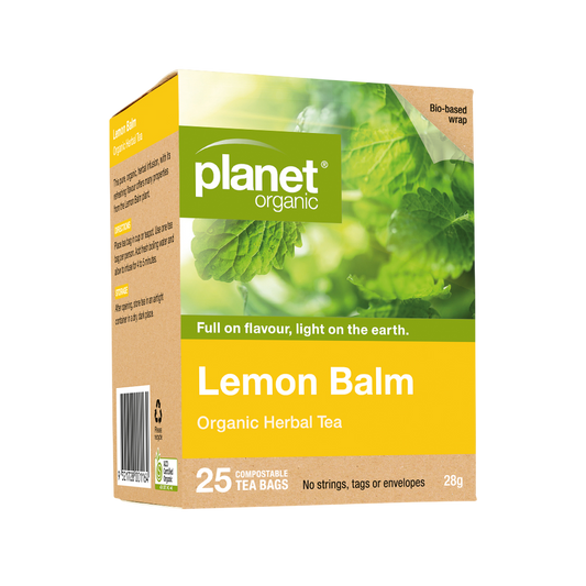 Box of planet organic Lemon Balm Organic Herbal Tea on a white background