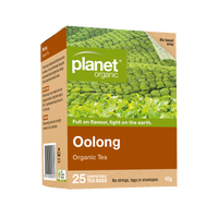 Planet Organic Oolong tea packaging with green field background