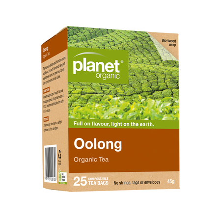 Planet Organic Oolong tea packaging with green field background