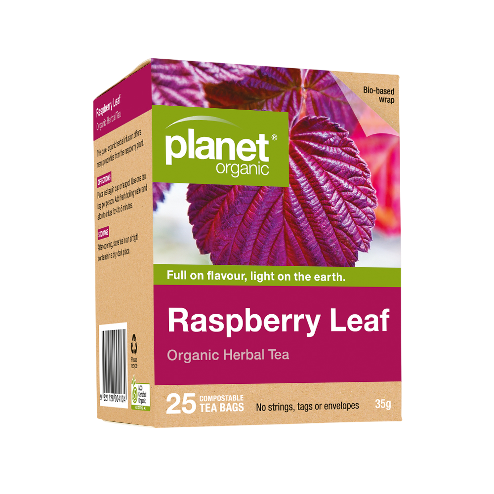Planet Organic Raspberry Leaf tea box with a purple leaf image on a white background