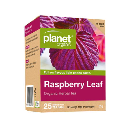 Planet Organic Raspberry Leaf tea box with a purple leaf image on a white background