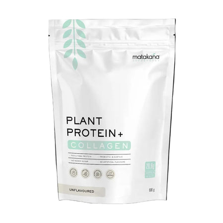 Matakana plant protein and collagen package on a black background