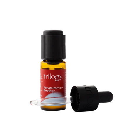 Trilogy Polyglutamic Booster bottle with dropper on a white background