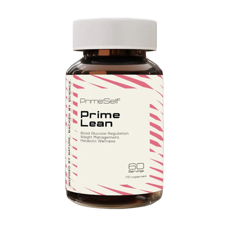 Bottle of Prime Lean supplement with a white label on a black background