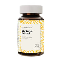 Bottle of Prime Mind supplement with white label on a black background