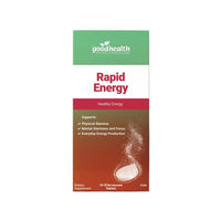 Good Health Rapid Energy supplement package on a black background