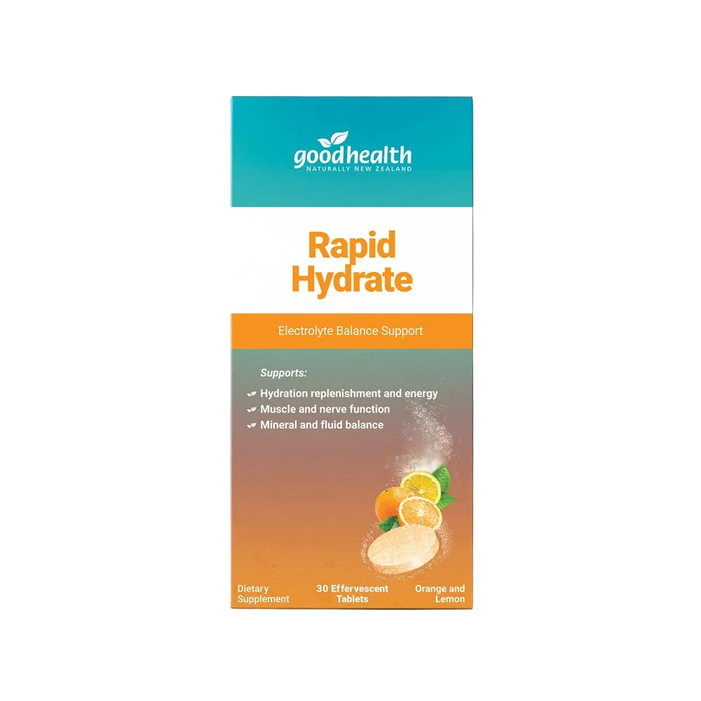 GoodHealth Rapid Hydrate supplement package on a black background