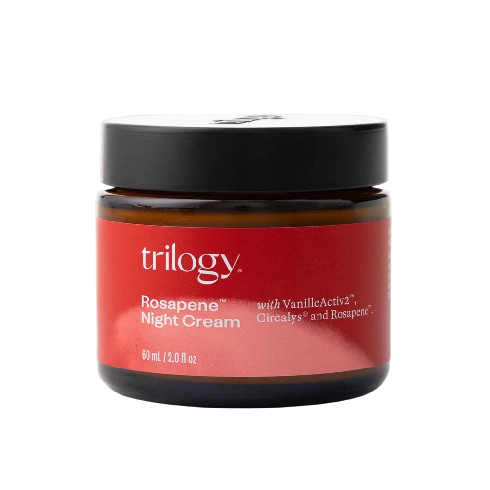 Jar of Trilogy Rosapene Night Cream on a light gray background