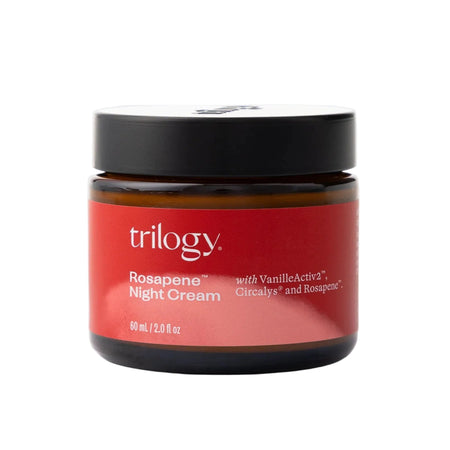 Jar of Trilogy Rosapene Night Cream on a light gray background