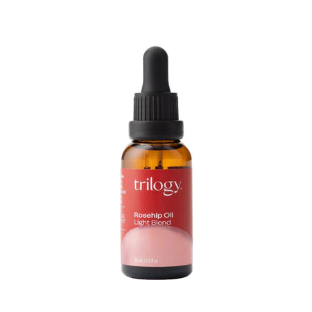 Bottle of Trilogy Rosehip Oil on a white background