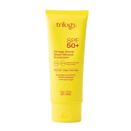 Yellow tube of Trilogy sunscreen with SPF 50+ on a white background