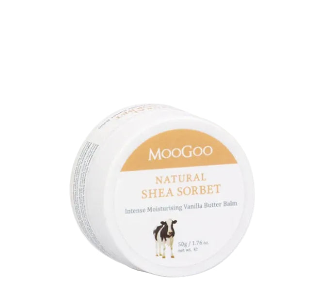 Moogoo Natural Shea Sorbet balm container on a white background