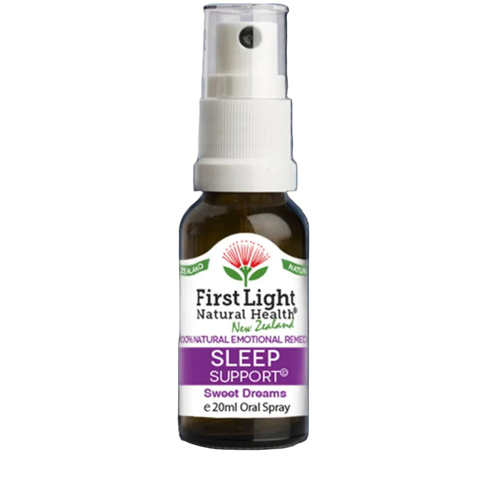 Bottle of First Light Natural Health Sleep Support spray on a black background