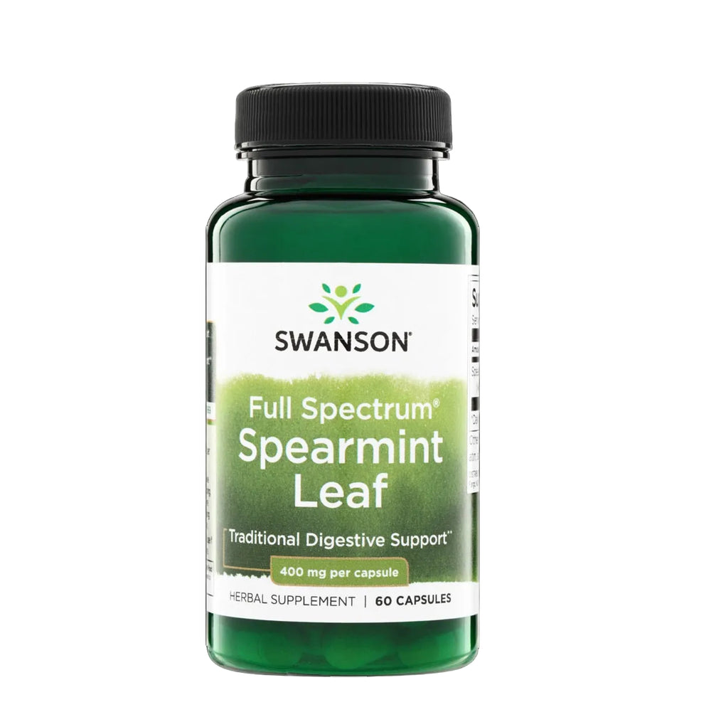 A bottle of Swanson Full Spectrum Spearmint Leaf herbal supplement, 60 capsules, shown against a solid black background.