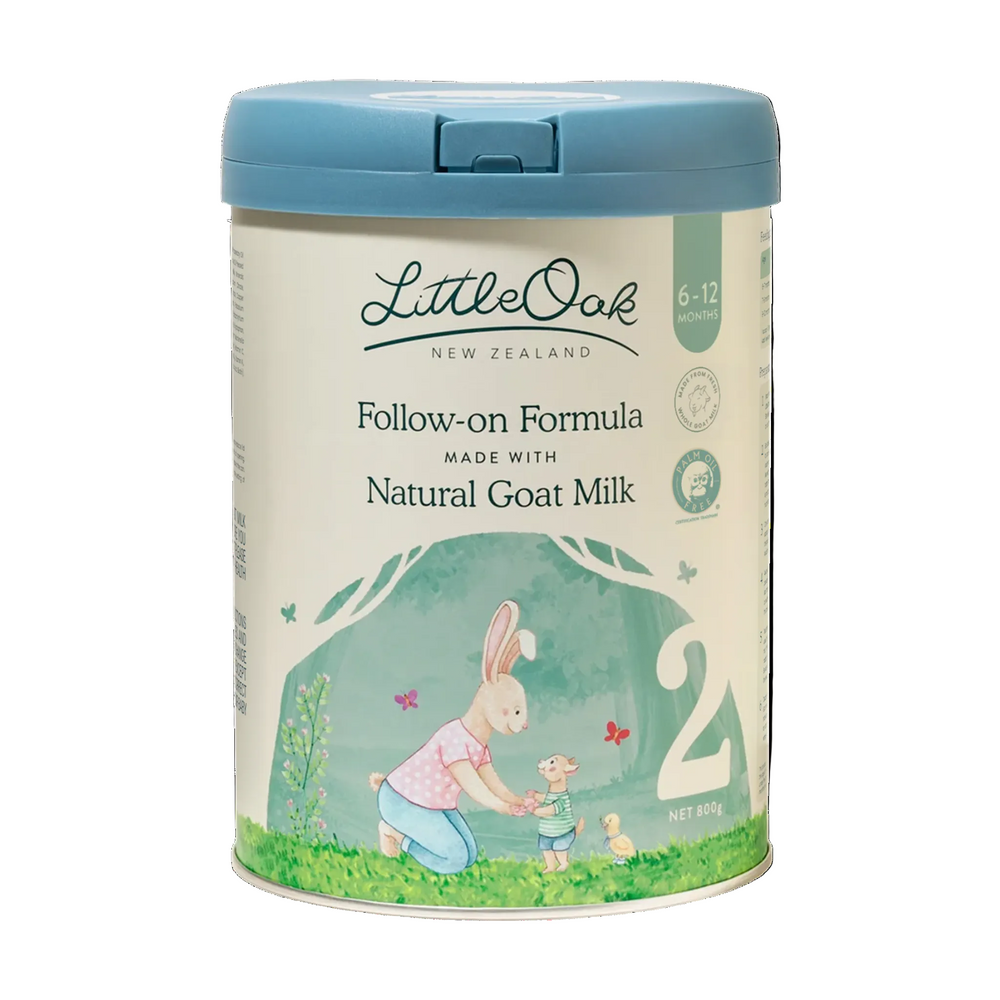 Little Oak New Zealand follow-on formula canister with blue lid on a white background