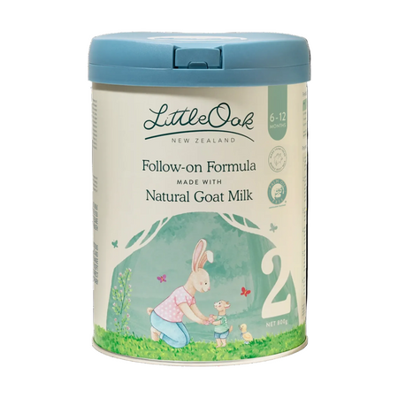 Little Oak New Zealand follow-on formula canister with blue lid on a white background