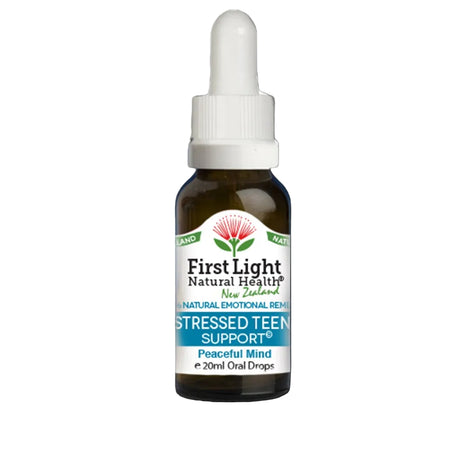 Bottle of First Light Natural Health Stressed Teen Support on a black background