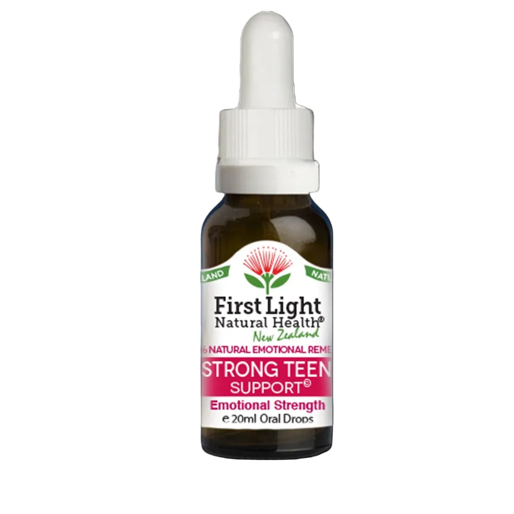 Bottle of First Light Natural Health Strong Teen Support on a black background