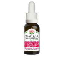 Bottle of First Light Natural Health Strong Teen Support on a black background