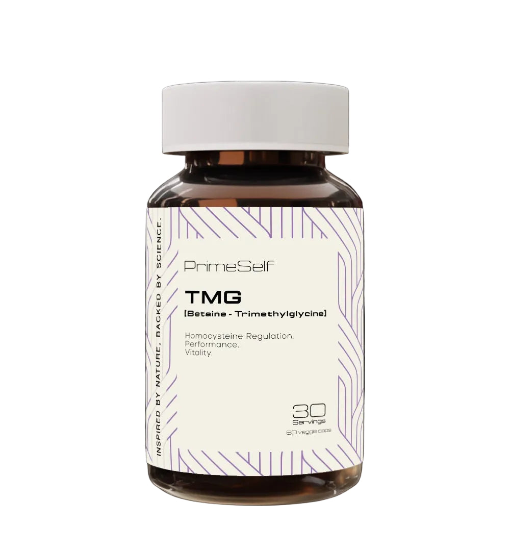 Bottle of PrimeSelf TMG supplement on a black background
