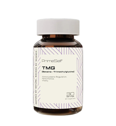 Bottle of PrimeSelf TMG supplement on a black background