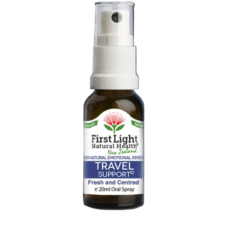 First Light Natural Health travel support spray bottle on a black background