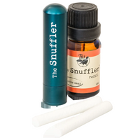 Snuffer and refill bottle with labels on a white background