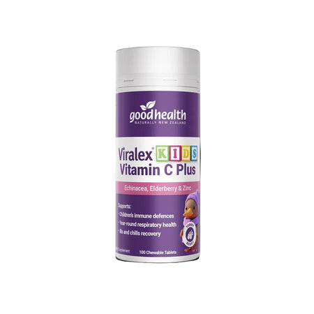 Goodhealth Viralex Kids Vitamin C Plus supplement bottle on a black background