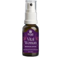 Bottle of 'Vital Woman' menopause support spray with a purple label on a black background