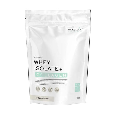 Package of whey isolate and collagen powder with Matakana branding on a black background