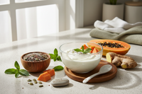 A bright kitchen benchtop scene featuring digestive-supporting ingredients — ginger, peppermint leaves, papaya, yoghurt, and a small wooden bowl of seeds — arranged neatly with soft natural daylight to convey gut comfort, healthy digestion, and natural wellness.