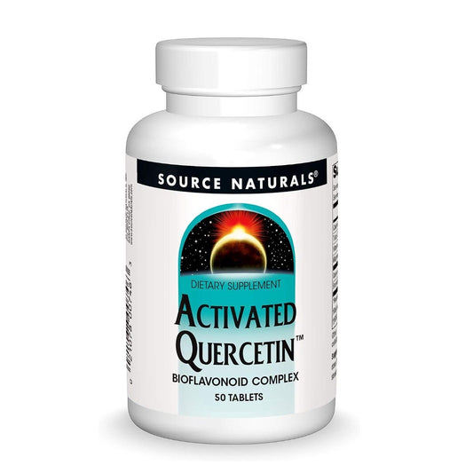 Source Naturals Activated Quercetin bottle with capsules, isolated on white background. High-quality quercetin supplement for immune support and antioxidant benefit