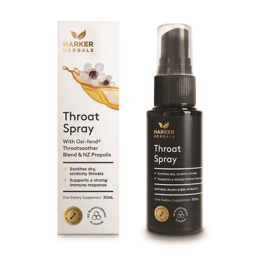 Harker Herbals Throat Spray bottle and packaging on a white background