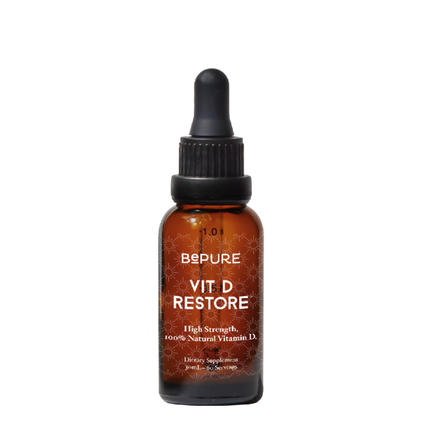 BePure Vit D Restore Liquid – 30ml bottle providing 1000IU vitamin D3 and 60mcg K2 per serve for bone and immune support