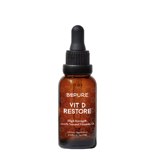 BePure Vit D Restore Liquid – 30ml bottle providing 1000IU vitamin D3 and 60mcg K2 per serve for bone and immune support