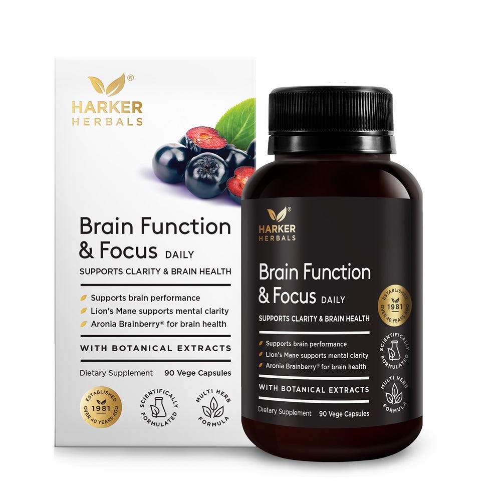 Harker Herbals Brain Function & Focus – natural brain support with Lion’s Mane, Ginkgo and Brainberry® - 90 Capsules