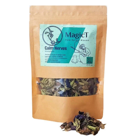A cup of Magic T Calm Nerves tea, showcasing the calming blend of chamomile, lavender, and passionflower, symbolizing relaxation and tranquility, perfect for a soothing tea experience.